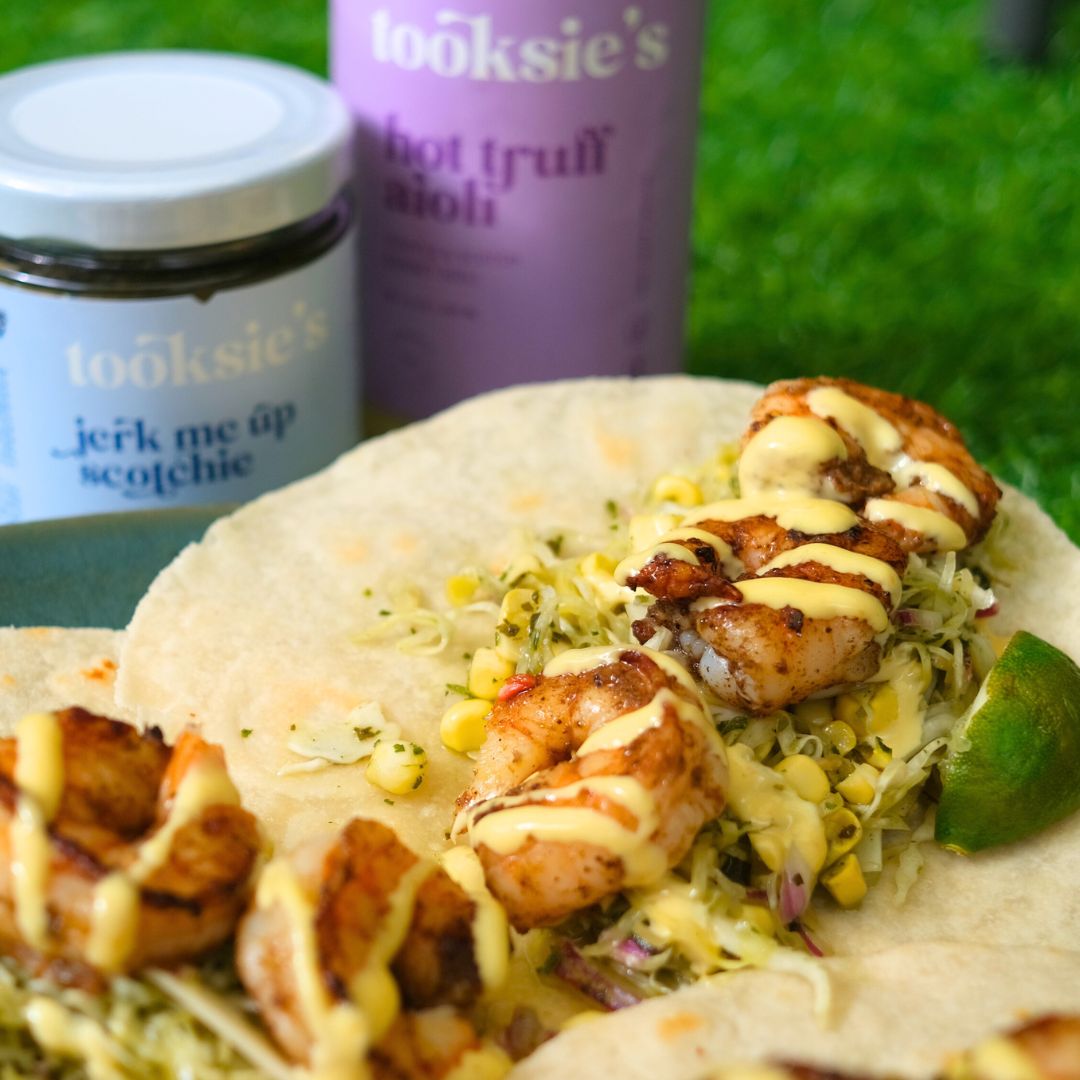 Jerk Shrimp Tacos with Chimichurri Slaw & Hot Truff Aioli